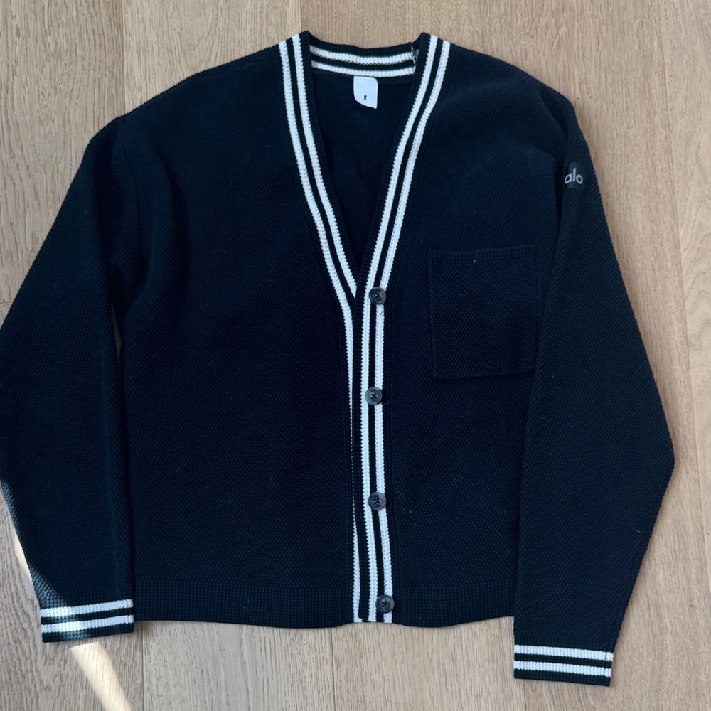 ALO Yoga Black Cardigan with White Stripe Trim - Men's Sweater